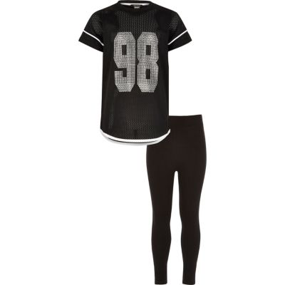 Girls black mesh T-shirt and leggings set